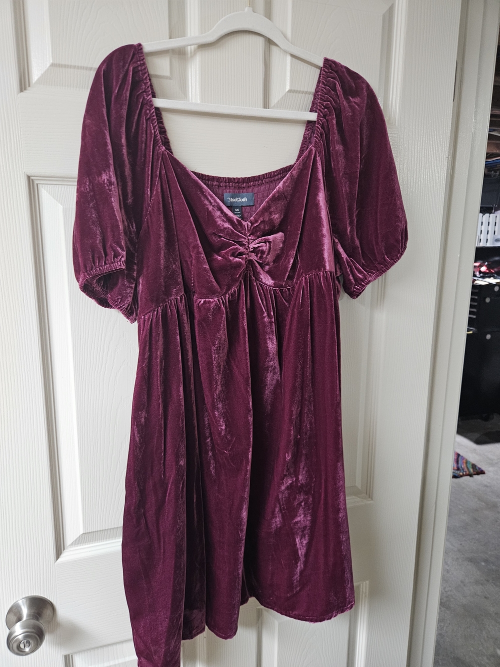 ModCloth Velvet Short-Sleeve Babydoll Dress in Deep Berry